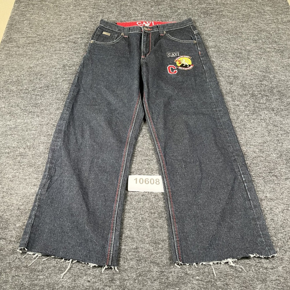Cavi Fight Academy Jeans Men 32 Black Denim Dark Wash Cotton Raw Hem Embroidered